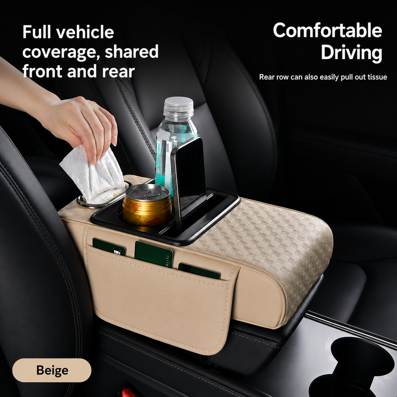 Leather Armrest Box Pad with Storage & Tissue Holder