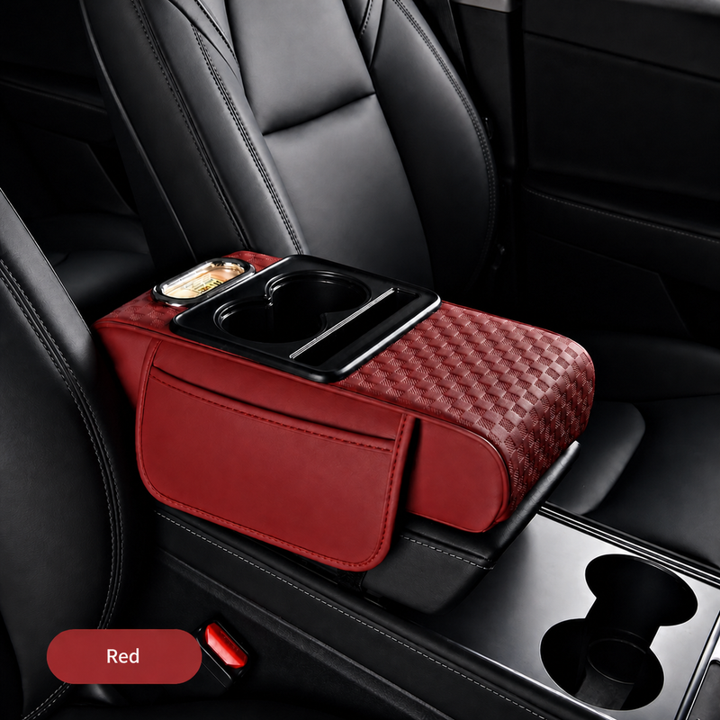 Leather Armrest Box Pad with Storage & Tissue Holder