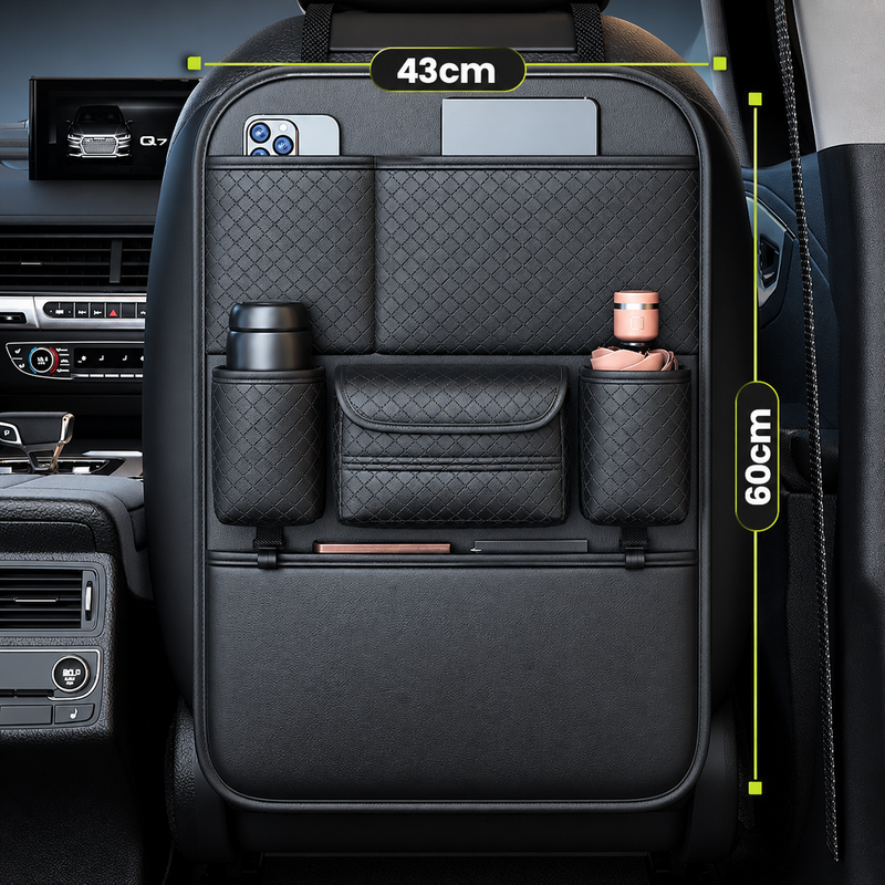 Nappa Leather Seatback Organiser with Folding Table & Partitioned Storage