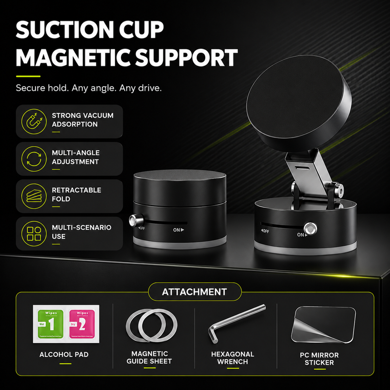 Magnetic Phone Holder with Vacuum Suction — Foldable, 360° Adjustable