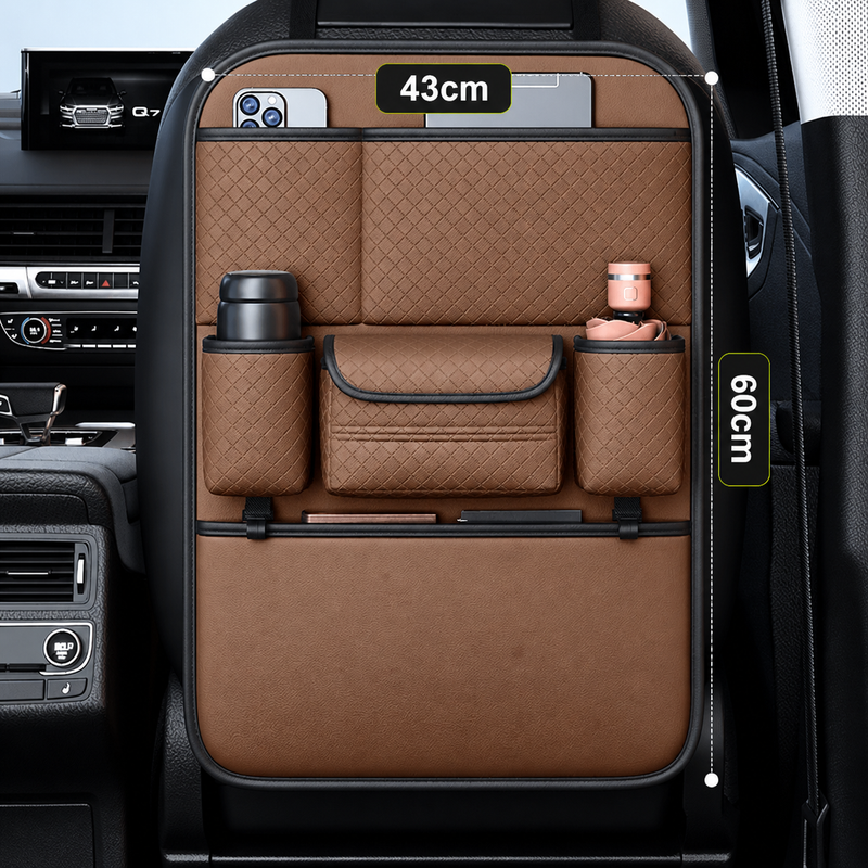 Nappa Leather Seatback Organiser with Folding Table & Partitioned Storage