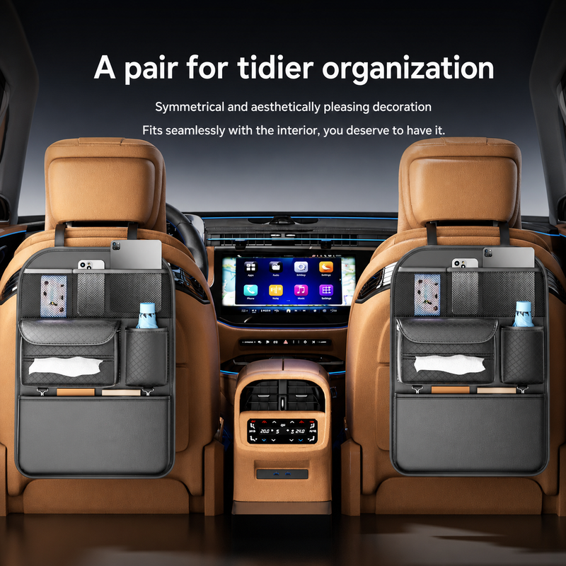Nappa Leather Seatback Organiser with Folding Table & Partitioned Storage