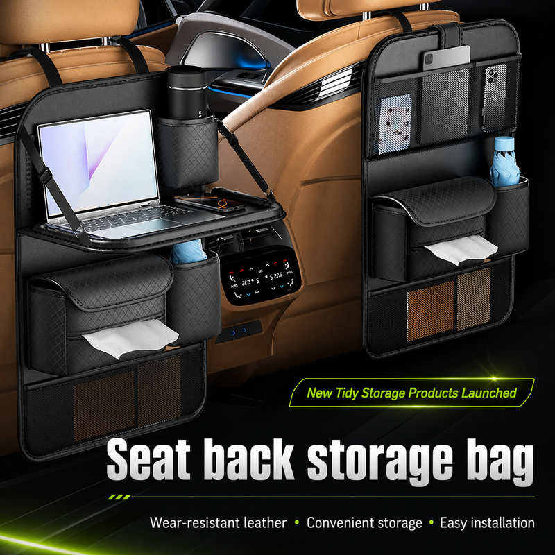 Nappa Leather Seatback Organiser with Folding Table & Partitioned Storage
