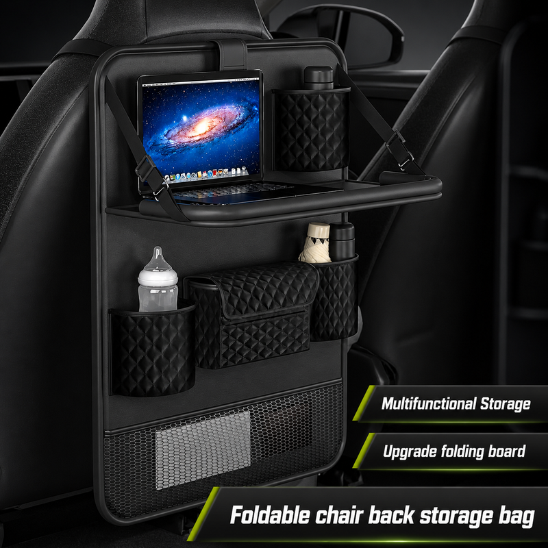 Nappa Leather Seatback Organiser with Folding Table & Partitioned Storage