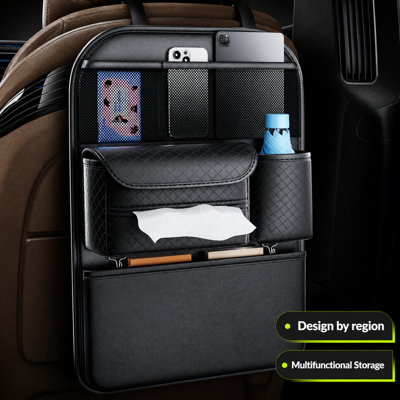 Nappa Leather Seatback Organiser with Folding Table & Partitioned Storage