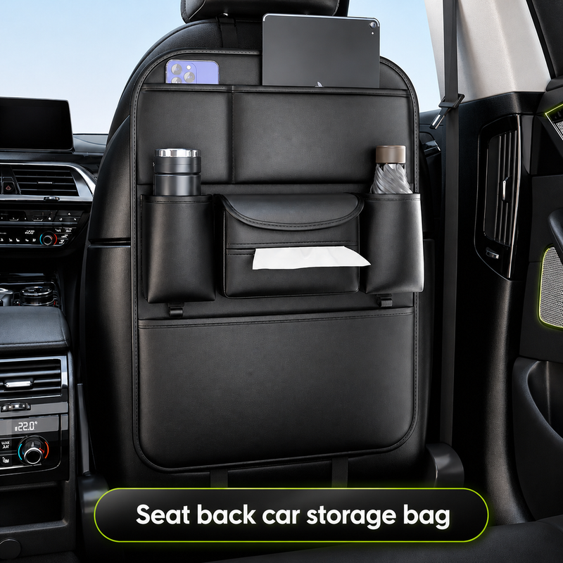 Nappa Leather Seatback Organiser with Folding Table & Partitioned Storage