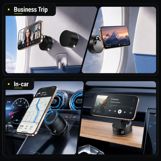Phone holder mounted on car dashboard with smartphone held magnetically