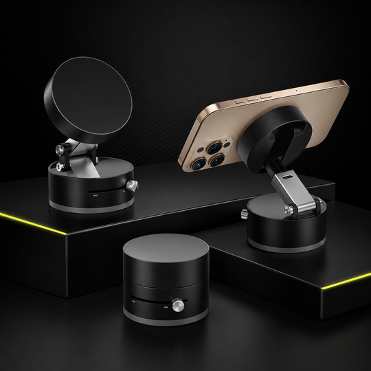 Black magnetic phone holder with vacuum suction base shown folded flat